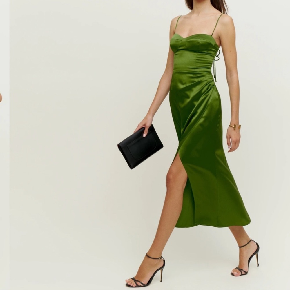 Reformation Marguerite Silk Dress Size 0 in Palm - Spaghetti Straps, Side Slit